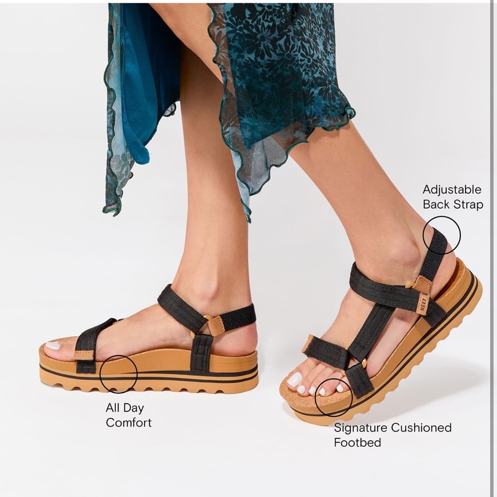 REEF Women's Cushion Rem Hi Platform Sandals black and Tan Brand New